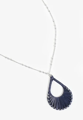 Blue Raffia Wrapped Teardrop Pendant Necklace