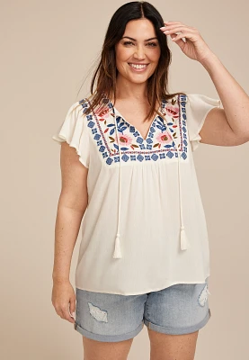 Plus Embroidered Tie Front Blouse