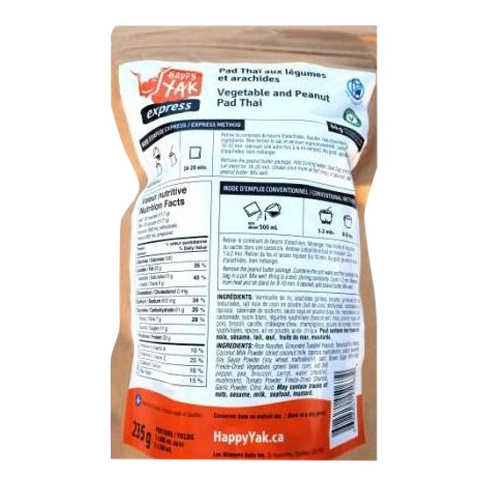 Happy Yak Pad Thai Peanuts and Vegetables Dehydrated Food Package