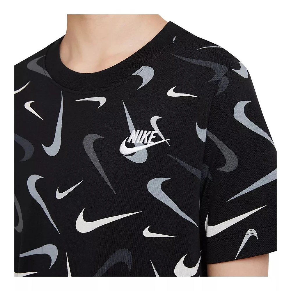 Nike Sportswear Boys' Swoosh All Over Print T Shirt, Kids', Crewneck, Cotton, Graphic