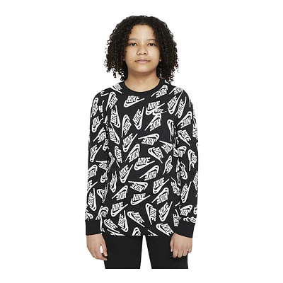 Nike Sportswear Boys' Futura All Over Print Long Sleeve Shirt, Kids', Crewneck, Graphic