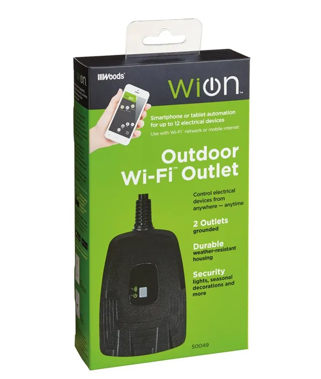 Woods WiOn Outdoor Wifi Timer with 2 Grounded Outlets, Weather Resistant,  Black