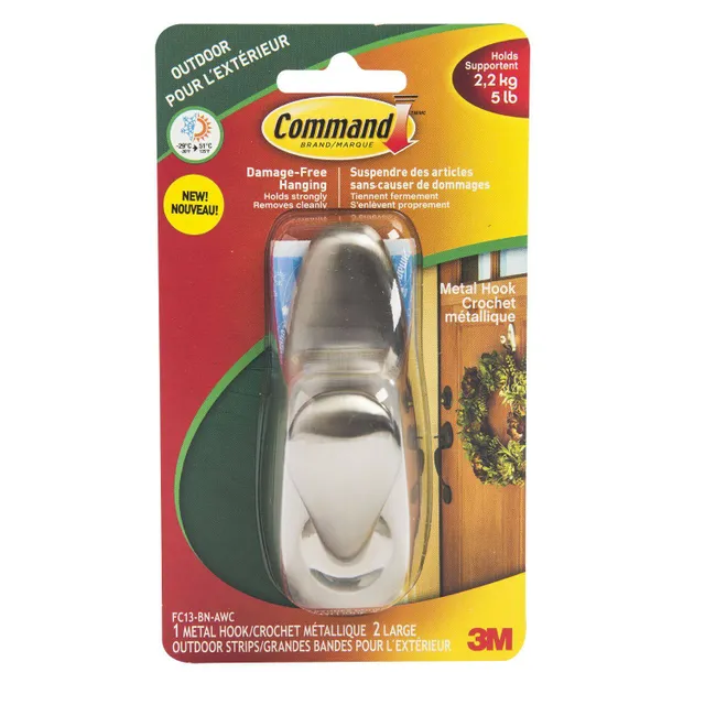 Command Outdoor Large Metal Hook, All Weather Foam Strips Included