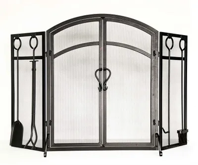Panacea 3-Panel Classic Arched Top Steel Fireplace Screen w/Doors & Tools, Freestanding, Black
