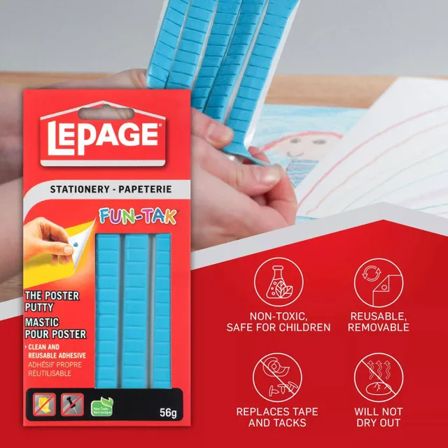 LePage Fun-Tak Sticky Tack Poster Putty, Removable, Reusable & Non-Toxic  Adhesive, Blue, 56-g