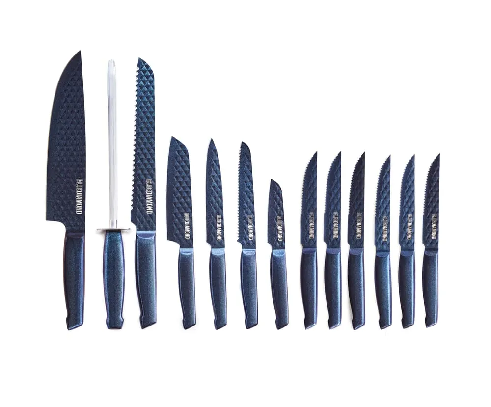 Blue Diamond Sharp Stone Nonstick Stainless Steel Cutlery, 4-Piece Set Including Chef Santoku Serrated and Pairing Knives with Covers