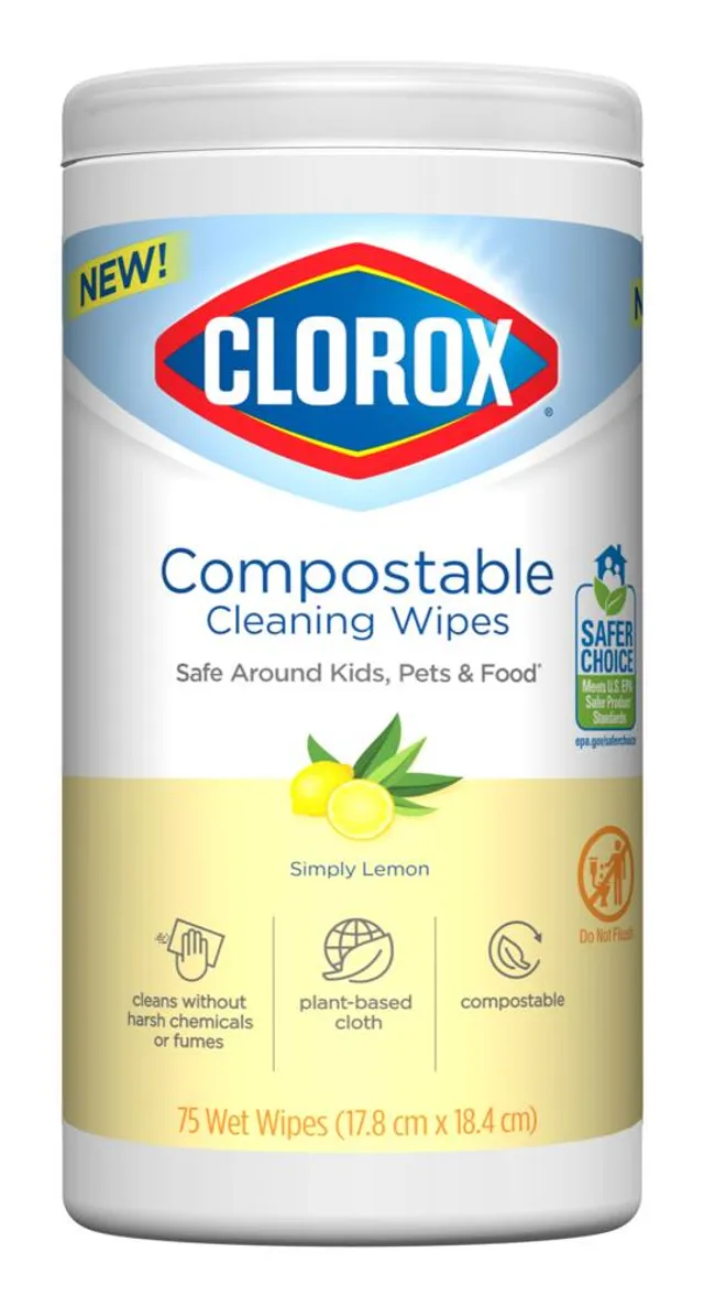 Clorox Compostable Cleaning Wipes - All Purpose Wipes - Simply Lemon, 75 Count (Pack of 3), White