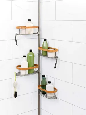 Corner Shower Caddy, Tension Pole, Chrome Wire, 11.5 x 97 x 8-In.