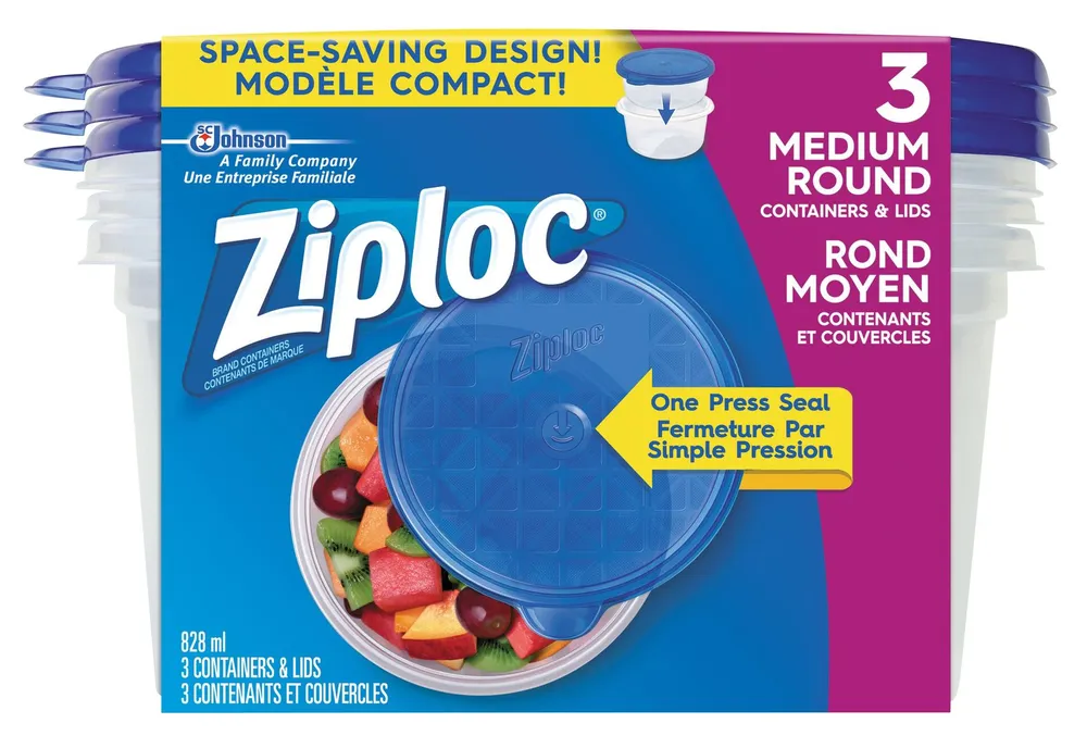 Ziploc Container & Lids, Medium, Round 3 ea