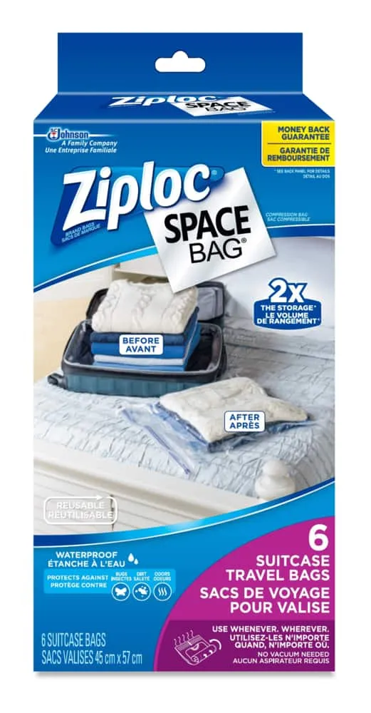 Ziploc Space Bag Travel Clothes Storage Bags for Suitcase, 6-pk