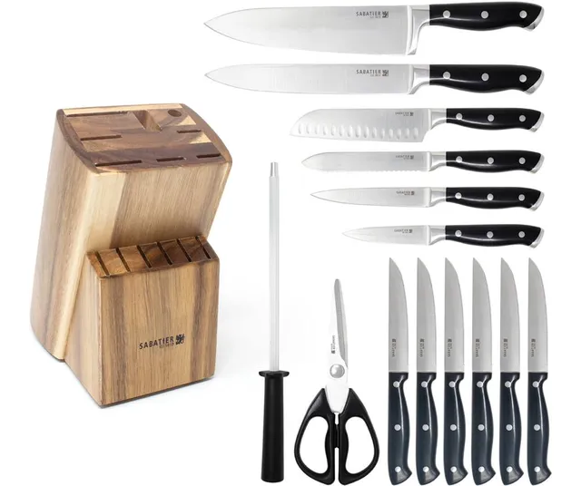 Sabatier 13-Piece Forged Triple Rivet Knife Block Set, High-Carbon  Stainless Steel Kitchen Knives, Razor-Sharp Knife Set with Acacia Wood Block,  White Handles 