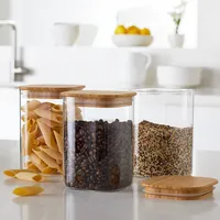 4-Pc Square Glass Containers with Bamboo Lids Stackable Kitchen