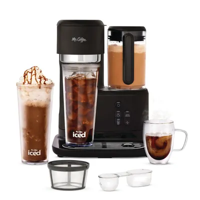Mr. Coffee Hot Coffee, Iced Coffee & Frappe Maker with Integrated Blender & 2 Tumblers, Black