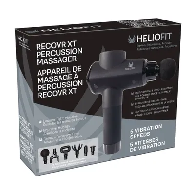 HelioFit Recovr XT Percussion Massage Device, 5 Speed Settings, 6 Unique Attachments, Black