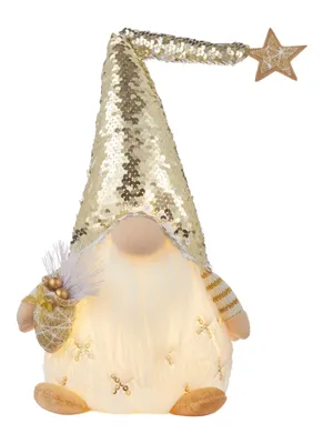 FOR LIVING Christmas Decoration Pre-Lit Sitting Gnome with White & Gold Sequin Flip Hat, 19-in