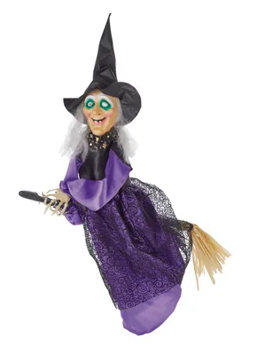 For Living Flying Witch Broom, LED Light Eyes, Sound Sensor for Halloween, Purple, 18-in