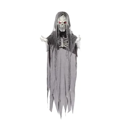 For Living Hanging Skeleton Reaper, LED Lights, Spooky Sound for Halloween, Black, 6-ft
