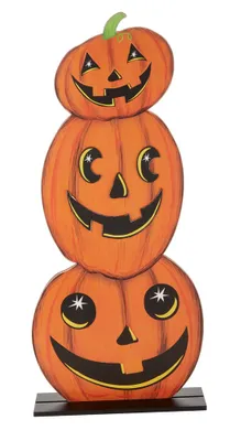 For Living Wooden 3-Stack Pumpkins, Painted Smiles for Halloween and Fall , Orange, 3-ft,