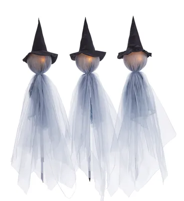 For Living LED Lights Witch Stakes Kit with Timer for Halloween Decor, White, 42-in, 3-pc