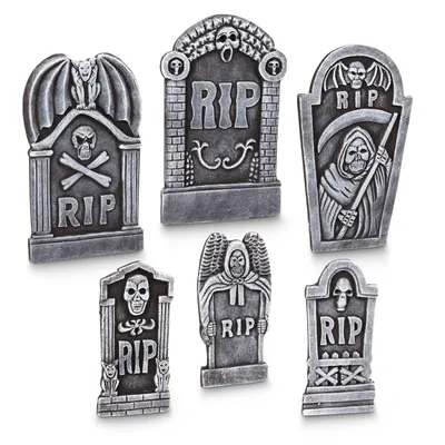 For Living RIP Tombstone Kit, Scary Halloween Decorations, Gray, 19-in, 6-pc