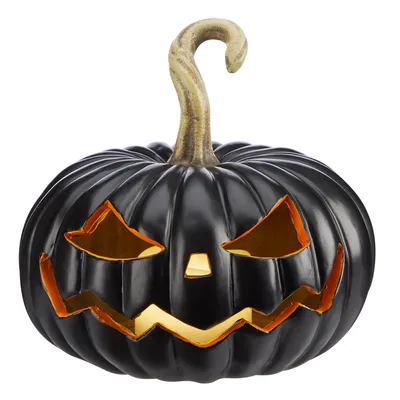 For Living Resin Pumpkin with LED Lights for Spooky Halloween Decorations, Black, 8-in