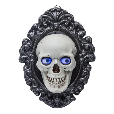 For Living Animated Skull Plaque with Blinking LED Light Eyes for Halloween, White, 14-in