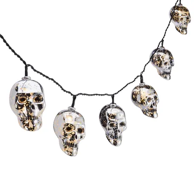 For Living Battery Operated Skull with 10 LED String Lights for Halloween, Silver, 82 5/8-in