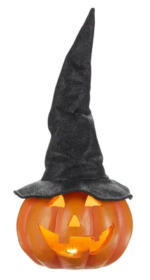 For Living Resin Pumpkin with Witch Hat and LED Lights for Halloween, Orange, 19 1/2-in