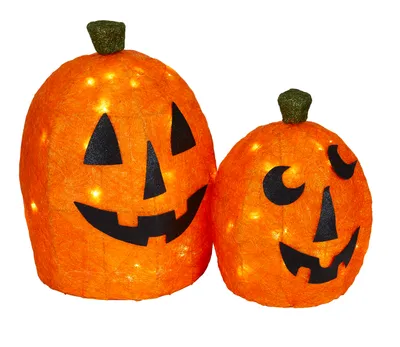 For Living 3D Sisal Pumpkin Kit, LED Light for Fall & Halloween Decor, Orange, 16-in, 2-pc