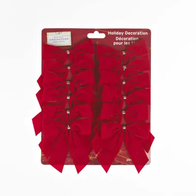 For Living Velvet Festive Decoration Flocked Trim-a-Tree Bows, Red, 4 1/2-in, 12-pk
