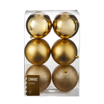 CANVAS Gold Collection Shatterproof Ball Christmas Ornament Set, Assorted Style, 100-mm, 6-pk