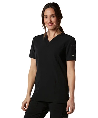 HEALTH PRO Women's High Performance FLEXTECH 4-Way Stretch V-Neck Scrub Top - Black Tuxedo