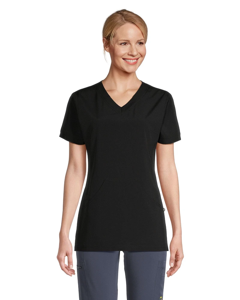 Scrubletics Women's V-Neck Athletic Kangaroo Pocket Scrub Top - Black