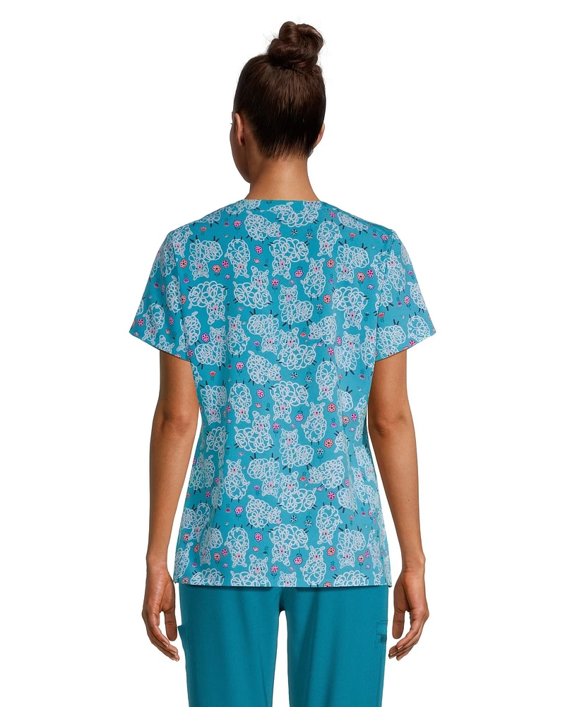 Scrubletics Women's Contoured V Neck Sheep Print Scrub Top