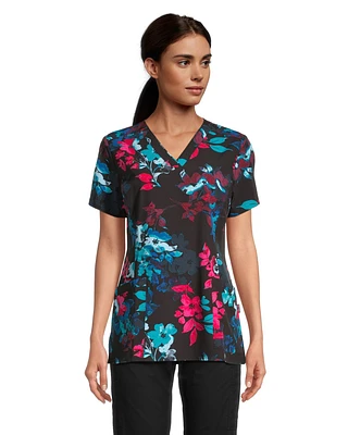 Health Pro Women's V-Neck Watercolour Flowers Scrub Top