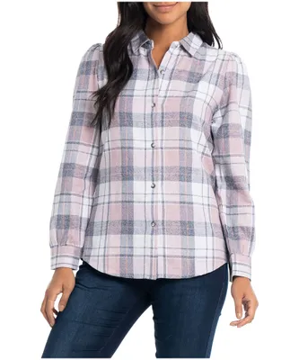 Lois Women's Tessa Long Sleeve Plaid Shirt with Shirring De Rose Combo