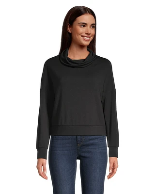 Denver Hayes Women's Long Sleeve Boxy Cowl Neck Cropped Jersey Shirt