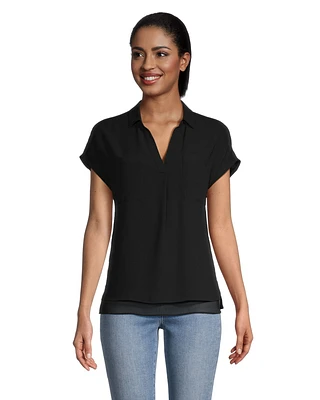 Denver Hayes Women's V-Neck Double Layer Short Sleeve Blouse