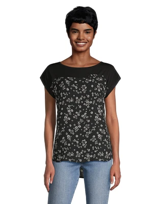 Denver Hayes Women's Mixed Media Printed Short Sleeve Blouse