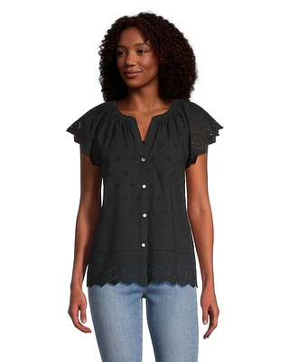 Denver Hayes Women's Embroidered Semi-Fitted Eyelet Cotton Blouse