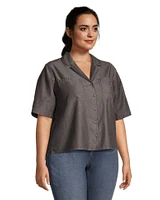 Denver Hayes Women's Short Sleeve Tencel Relaxed Cropped Button Up Shirt