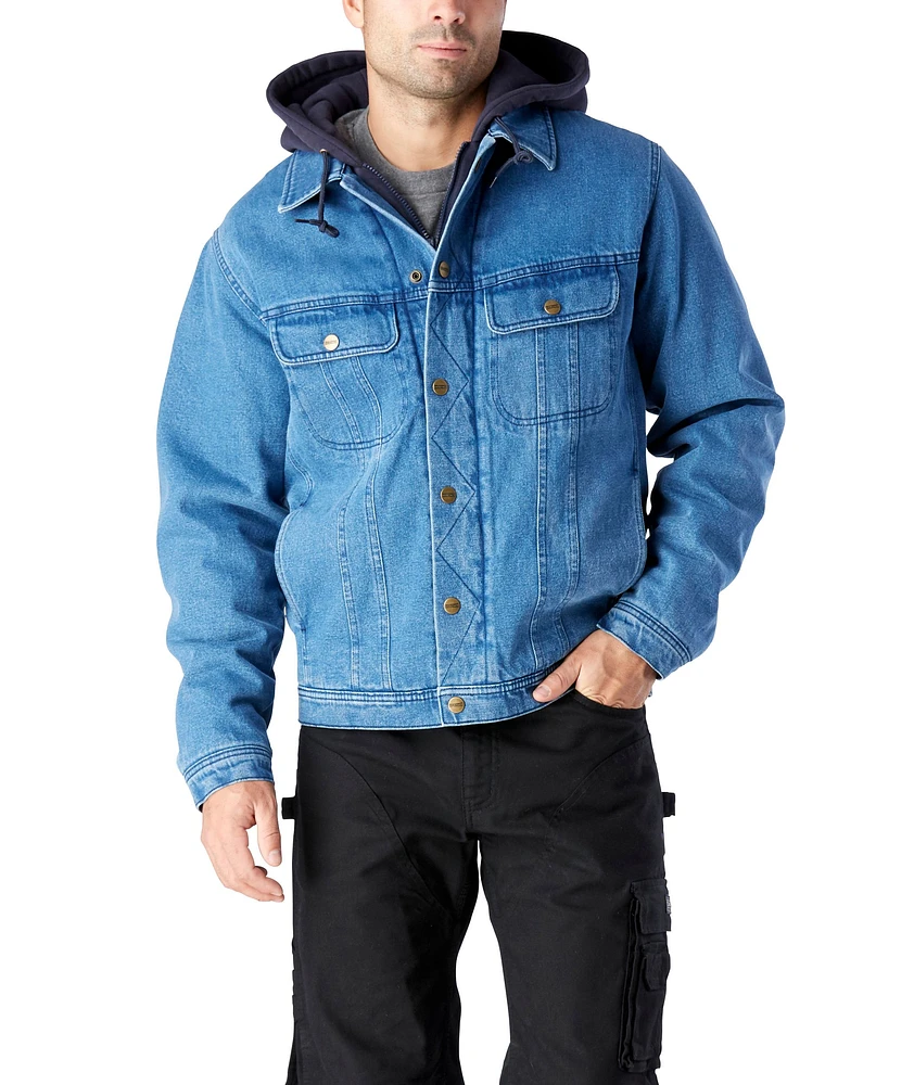 Dakota WorkPro Series Men's Washed Denim Sherpa Lined Hooded Jean Jacket - Blue