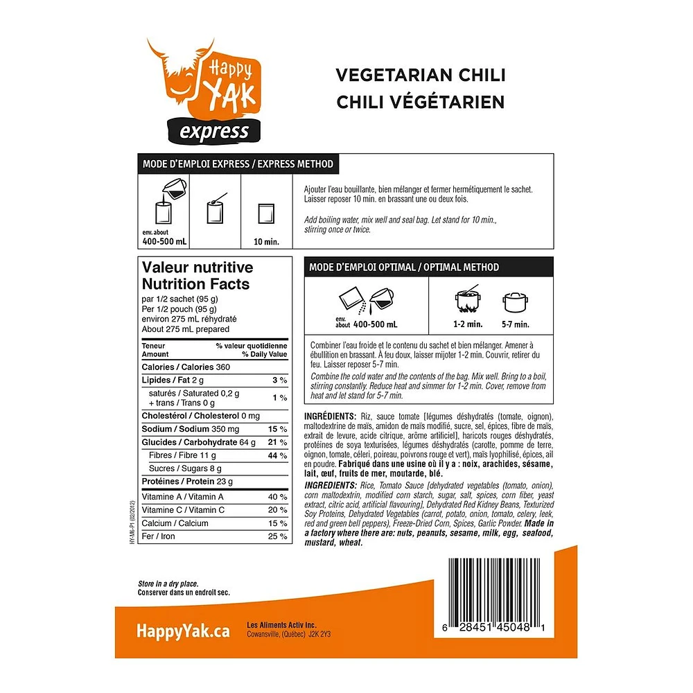 Happy Yak Vegetarian Chili Dehydrated Food Package