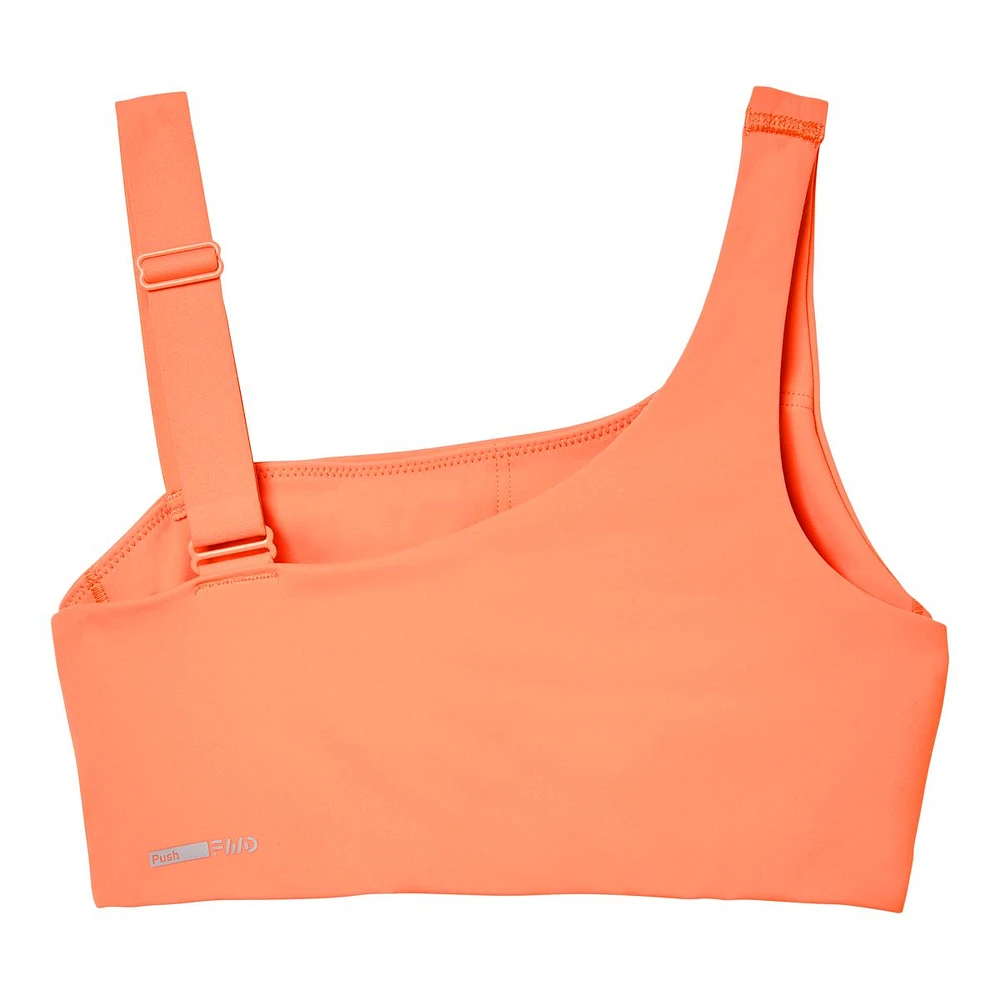 FWD Women's Push Asymmetrical Sports Bra, Medium Impact, Removable Pads