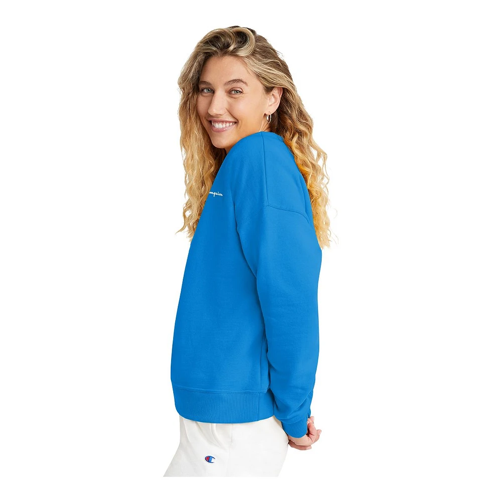 Champion Women's Powerblend SM Script Crewneck Fleece Sweatshirt, Loose Fit