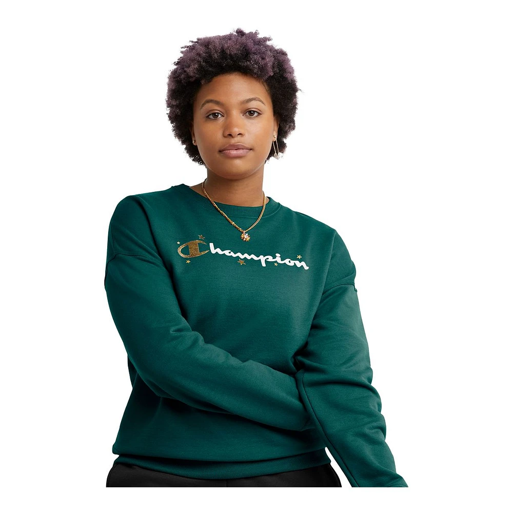 Champion Women's Powerblend Novelty Crewneck Fleece Sweatshirt, Relaxed Fit