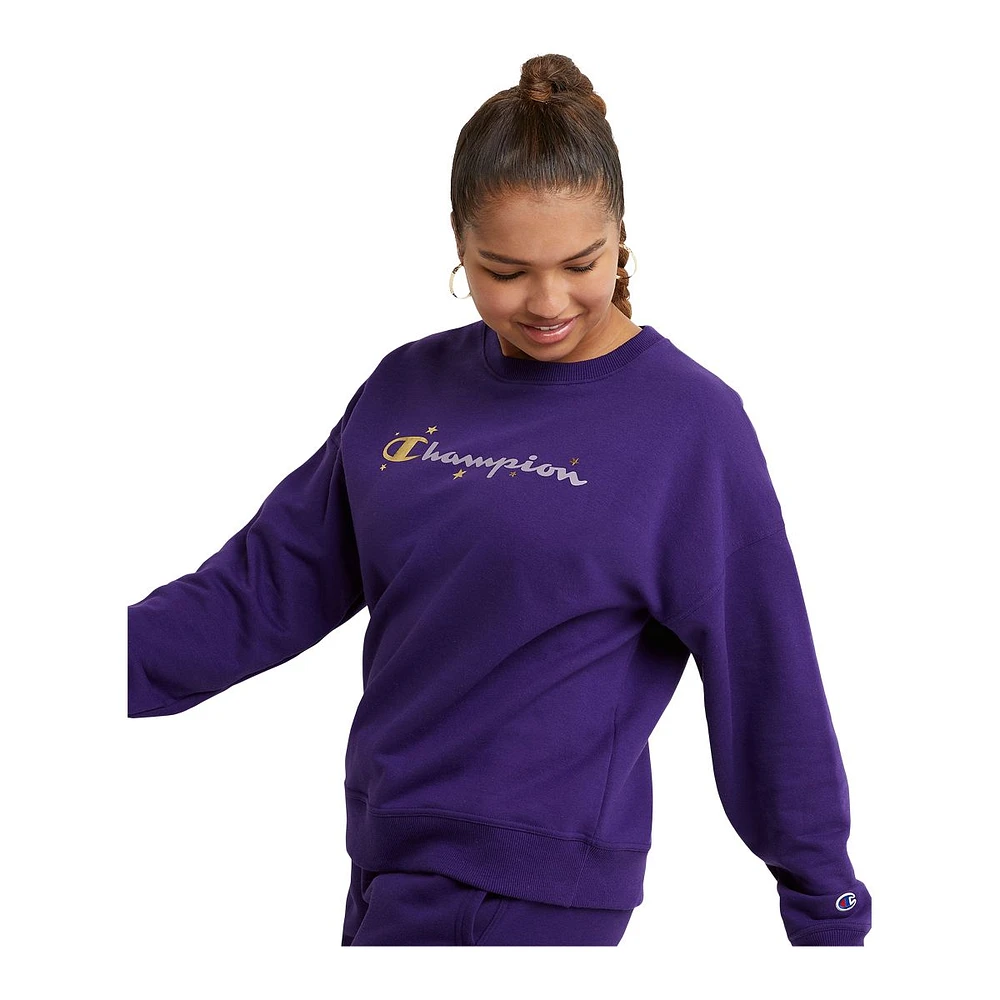 Champion Women's Powerblend Novelty Crewneck Fleece Sweatshirt, Relaxed Fit