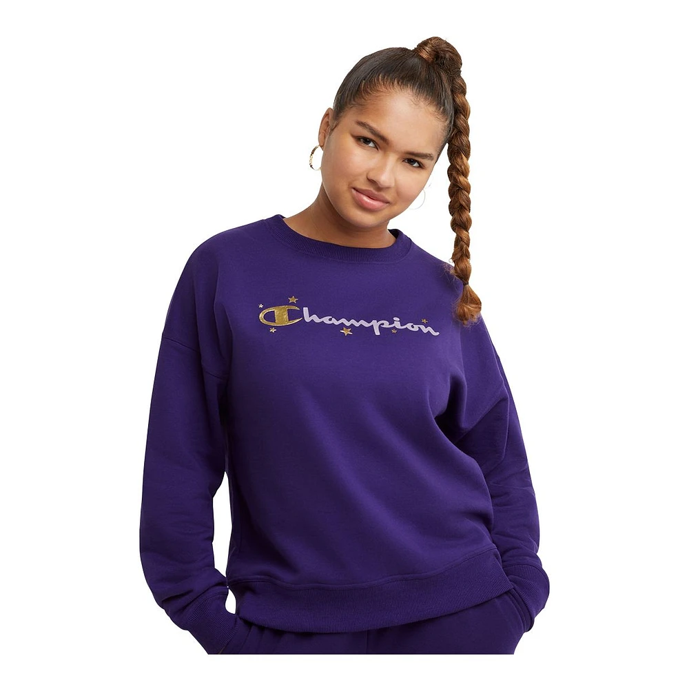 Champion Women's Powerblend Novelty Crewneck Fleece Sweatshirt, Relaxed Fit