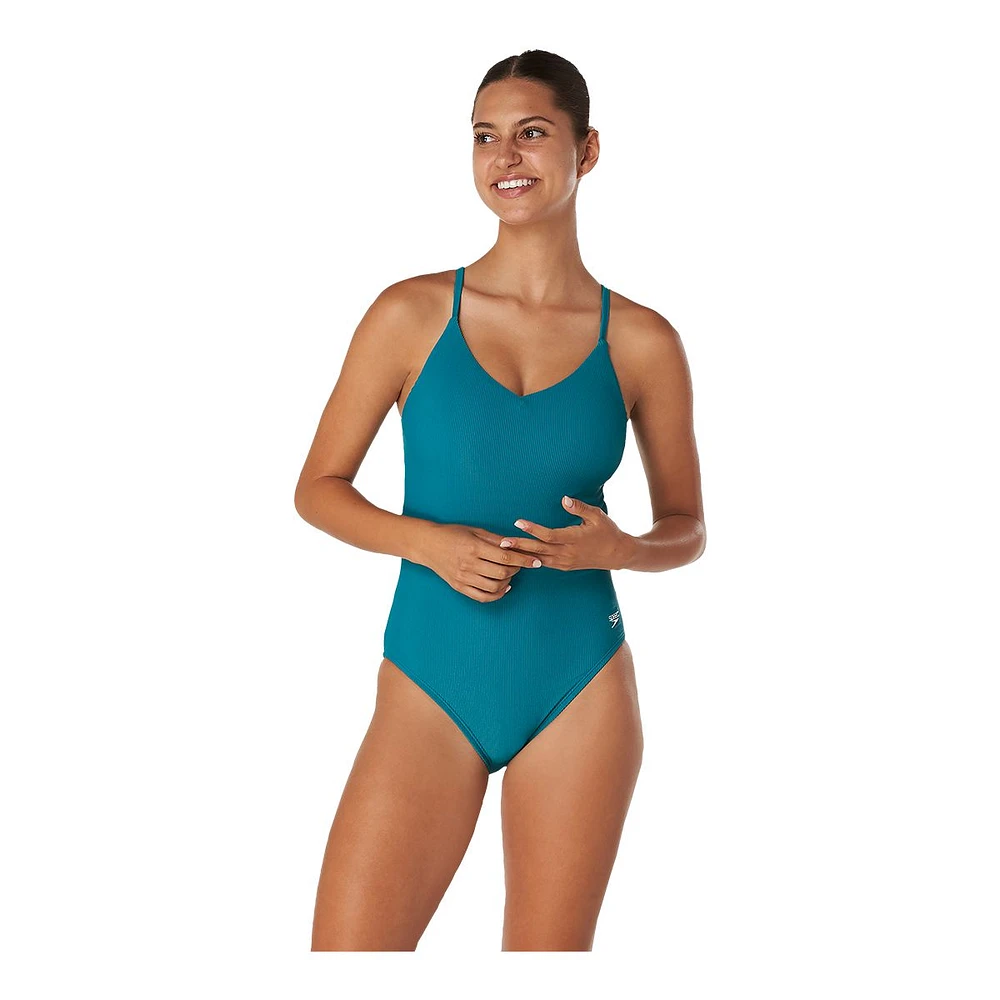 Speedo Women's Ribbed Thin Strap One Piece Swimsuit