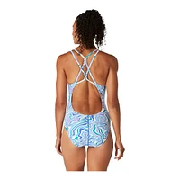 Speedo Women's Print Thin Blue Strap Swimsuit